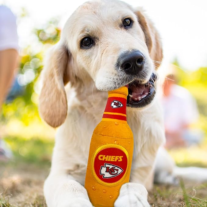 NFL Kansas City Chiefs Beer Bottle Plush Dog & CAT Squeak Toy - Cutest Stadium SODA Bottle Snack Plush Toy for Dogs & Cats with Inner Squeaker & Beautiful Football Team Name/Logo