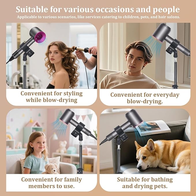 Hands Free Hair Dryer Stand with Tripod, 23.6-47.2 Inch Adjustable Height, 180° Rotating Universal Clip, Foldable Metal Blow Dryer Holder for Bathroom Vanity Makeup Room Home Styling & Pet Grooming, Fits Most Hair Dryers