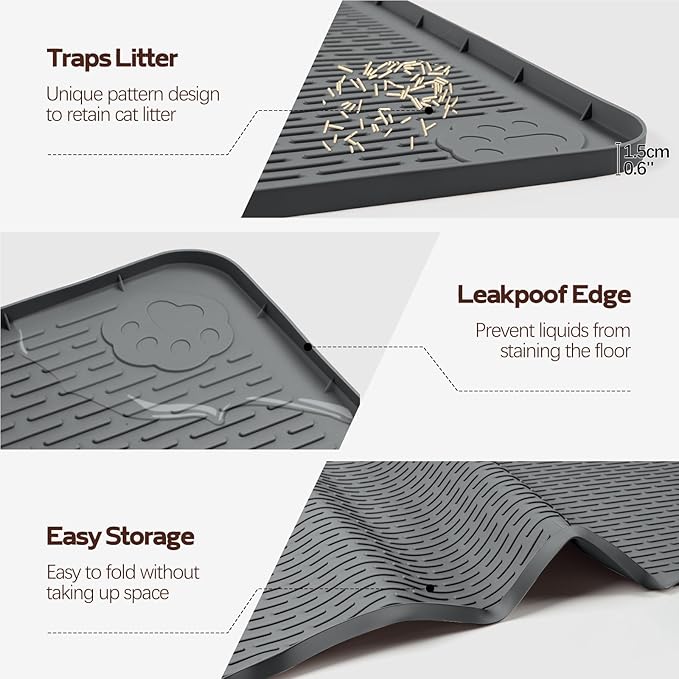 Cat Litter Mat, 2 Pack Large 34" x 22" Silicone Mat Litter Trapping Mat for Scatter Control, Soft on Kitty Paws, Easy to Clean (Dark Grey)