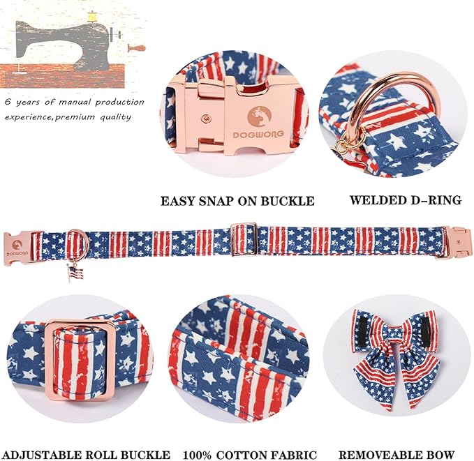 DOGWONG 4th of July American Flag Dog Collar, Red Blue Sailor Bow Tie Dog Collars with Metal Adjustable Buckle, Comfortable Independence Day Dogs Collars for Large Dogs