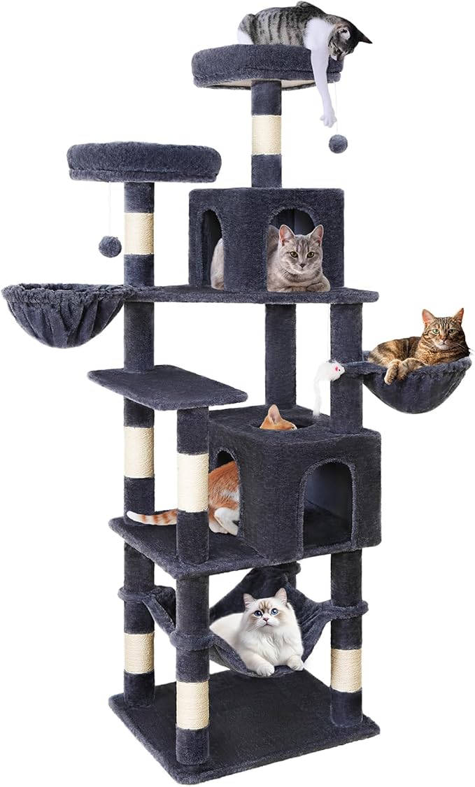 AMHANCIBLE 70 Inch Cat Tree for Large Cats, Multi-Level Cat Tower Condo with 2 Houses & Hammock for Indoor Cats, Tall Heavy Duty Kitty Playhouse, Dark Grey, PT18DG
