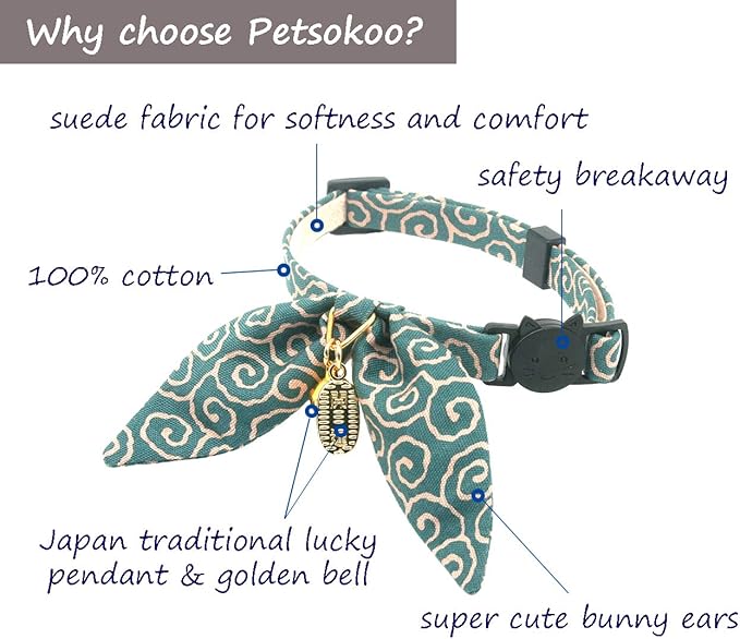 Bunny Ears Cat Collar, Japan Lucky ‘開三運’ Charm. Safety Breakaway Bowtie Kitten Collar with Bell, Light Blue