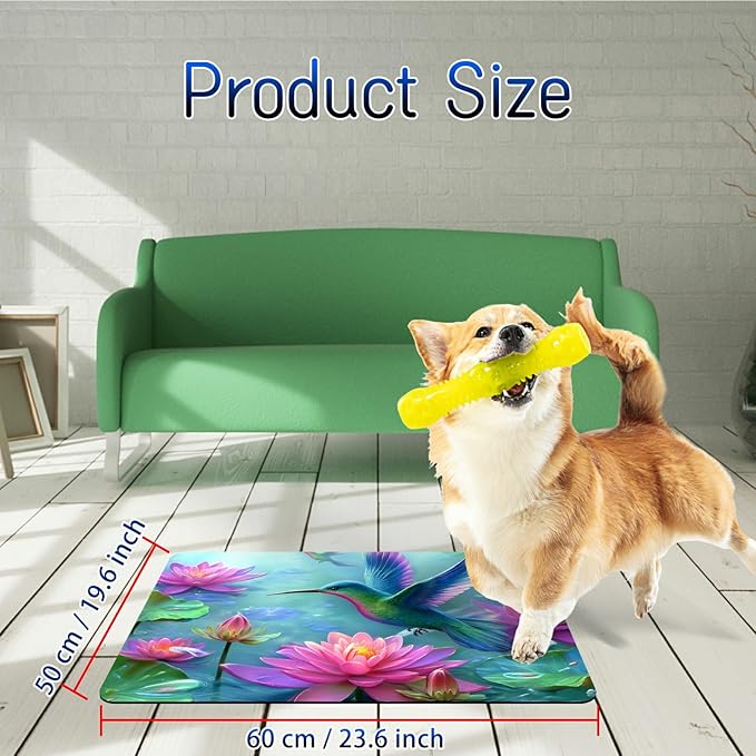 Dog Food Mat, 19.6" x 23.6" Absorbent Pet Feeding Mat for Food and Water, Waterproof Diatom Mud Pet Placemat with Non-Slip Rubber Backing, Cat Bowl Mat for Floors - Lotus Leaf Hummingbird