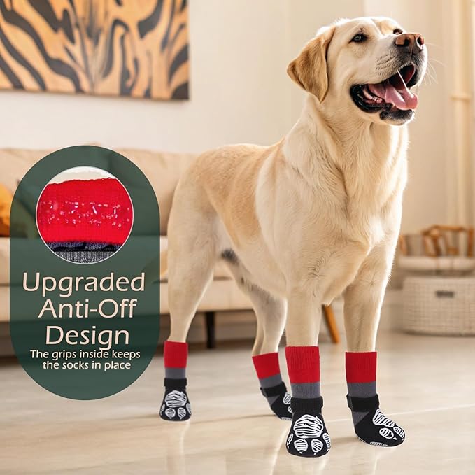 EXPAWLORER Christmas Anti Slip Dog Socks to Prevent Licking Paws, Dog Shoes for Hot Summer, Dog Booties for Hardwood Floors, Dog Boots & Paw Protectors for Small Medium Large Senior Dogs Red Black XL