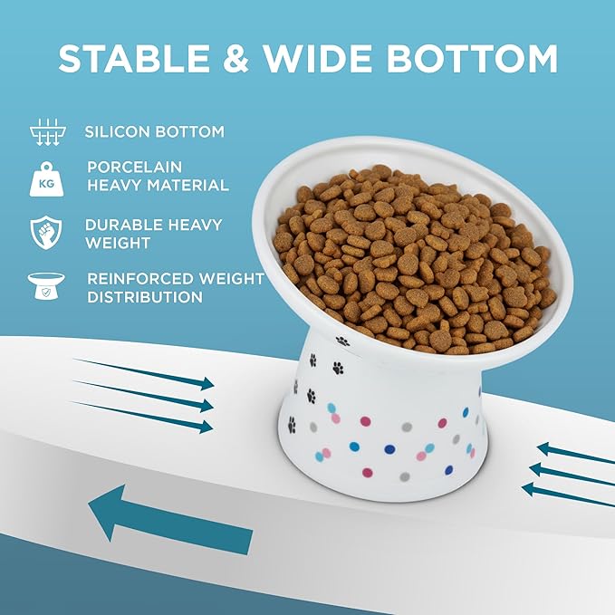 Necoichi Elevated Cat Food Bowl, Ceramic (Porcelain),15° Tilted, Whisker-Friendly, Dishwasher, Microwave Safe, Non-Slip, Anti-Vomiting, Neck Fatigue (Colorful Dots, Extra Wide Tilted, 1.5Cup Cap.)
