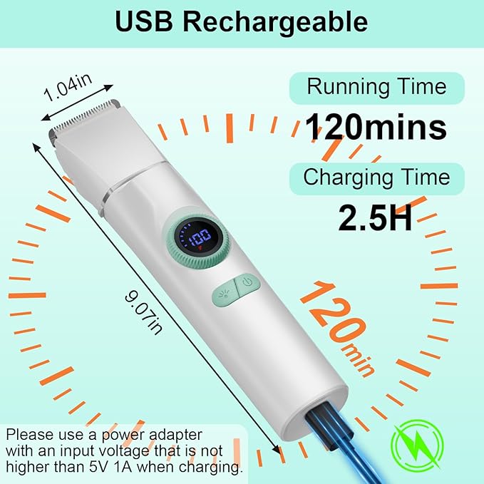 TBTeek Dog Grooming Clippers with LED Light,10-Level Speed 5-in-1 Cordless Dog Grooming Kit, Rechargeable Silent Dog Paw Trimmer Nail Clippers for Thick Hair Toenail Small Dog Pet 's feet