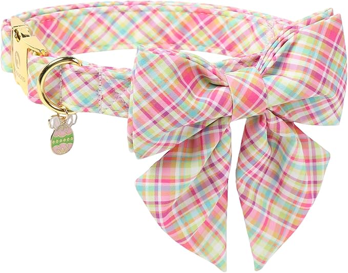 DOGWONG Easer Dog Collar with Sailor Bow,Colorful Plaid Dog Collar, Adjustable Durable Soft Easter Dog Collars for Male Female Dogs,L