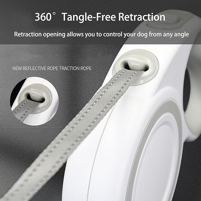 Retractable Dog Leash, Heavy Duty Reflective Nylon Tape Lead 16 ft Long, up to 110lbs, One-Handed Brake, Lock, Automatic Telescopic Dog Tape, Non-Slip Handle (White-Purple, Large)