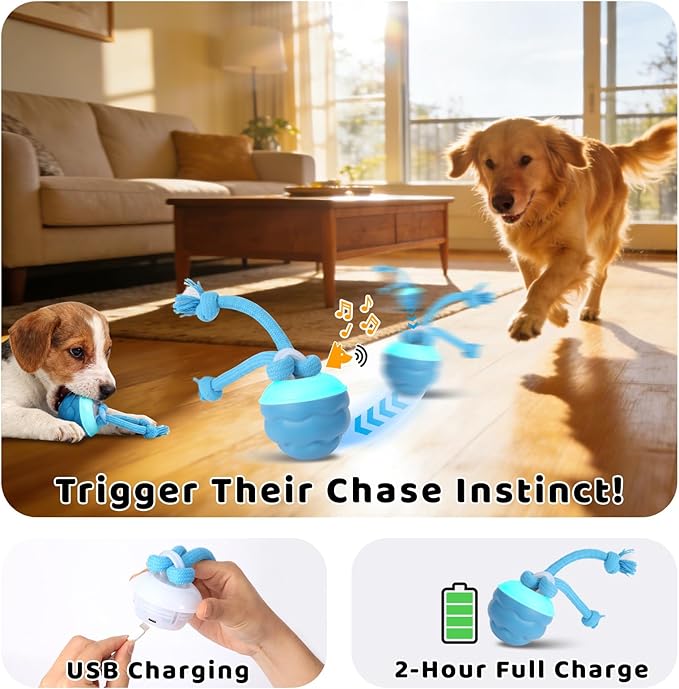 Interactive Dog Toys with Remote Control - 4 Play Modes, Obstacle Avoidance & Replaceable Chew-Resistant Rope, USB Rechargeable Automatic Moving Ball, Mental Stimulation for Small Medium Dogs or Cat
