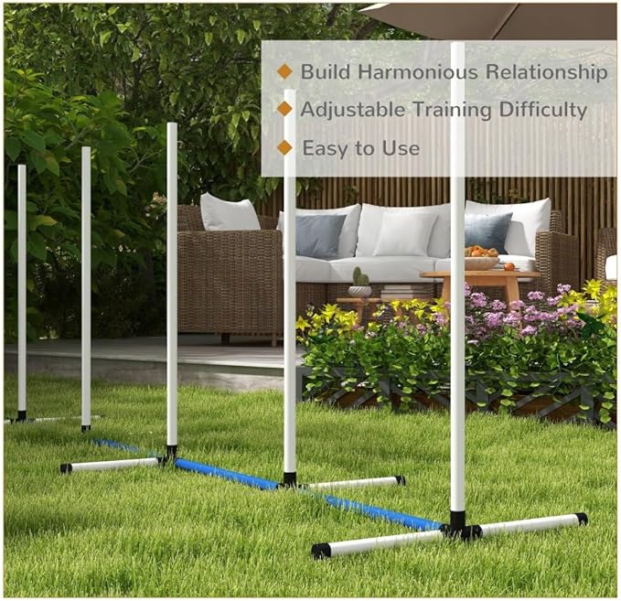2 Piece Dog Agility Training Equipment Set with Weave Poles, Spray Water Tube, Whistle, Carry Bag, Obstacle Course for Dogs Agility Course for Outdoor, Garden, Backyard (White + Blue, 2 Piece)