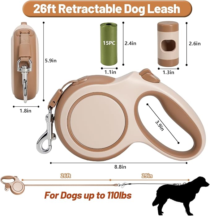 26ft Heavy Duty Retractable Dog Leash for Large Dogs, Dog Leash with Poop Bag Holder, Up to 100lbs, Chew Proof Cable, One-Handed Pause & Lock, 360° No Tangle. (26 ft, Brown)