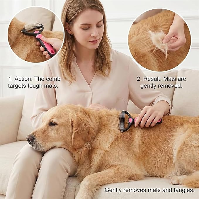 Pet Pro Grooming Tool, 2-in-1 Deshedding Dog Brush with 9/17 Teeth Undercoat Rake for Dogs & Cats, Dual-Sided Stainless Steel Pet Comb for Long Hair & Thick Coats, Non-Slip Ergonomic Handle (Orange-S)