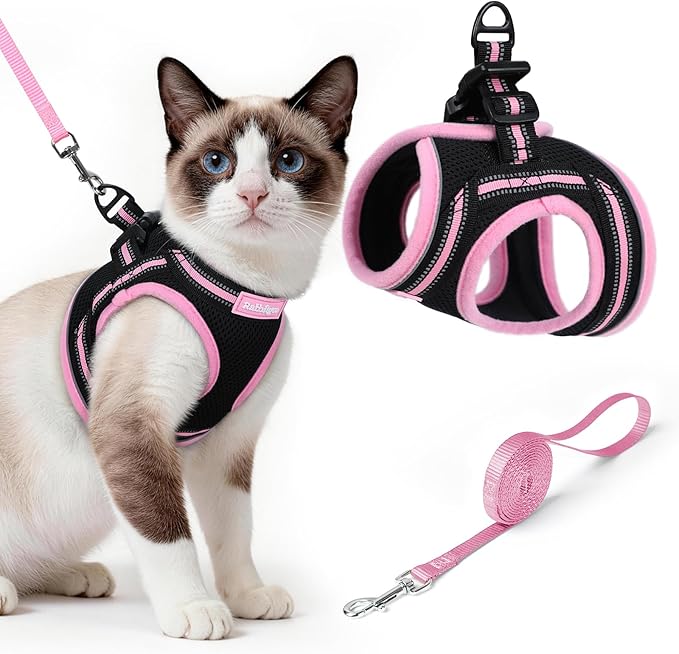 rabbitgoo Cat Harness and Leash, Step-in Escape Proof Kitten Harness Set, Soft Comfortable Cat Vest, Easy to Wear and Adjust, Reflective for Safe Outdoor Walking, Black&Pink, Large