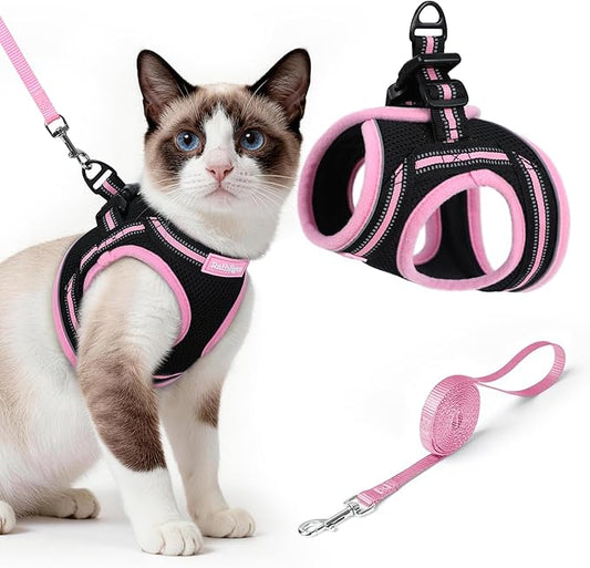 rabbitgoo Cat Harness and Leash, Step-in Escape Proof Kitten Harness Set, Soft Comfortable Cat Vest, Easy to Wear and Adjust, Reflective for Safe Outdoor Walking, Black&Pink, Large