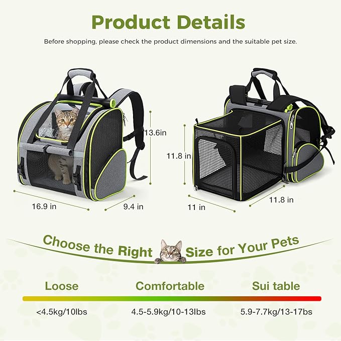 Lekereise Widened Pet Backpack Travel, Wide Pet Carrier Backpack for Cats and Small Dogs up to 18 lbs, Breathable Mesh Backpack Carrier with Sun Shade, Safety Leash, Hand Carry for Travel Vet Car