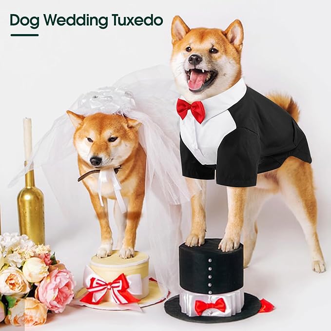 Kuoser Dog Tuxedo and Bandana Set, Dog Wedding Suit with Bow Tie, Formal Pet Tux Party Birthday Costume Shirt for Small Medium Large Dogs, Puppy Prince Attire Outfit for Halloween Valentines Christmas