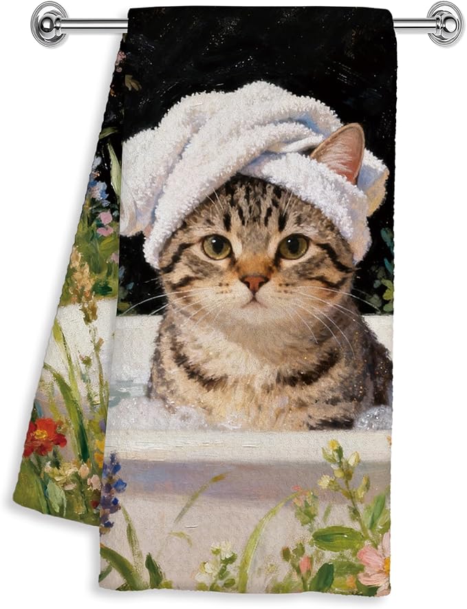 Funny Tabby Cat Hand Towels for Bathroom Washroom Spa Decor 16x24 Inches, Cat Lover Mom Lady Gifts, Floral Kitty Bathroom Hand Tea Towels Decorative