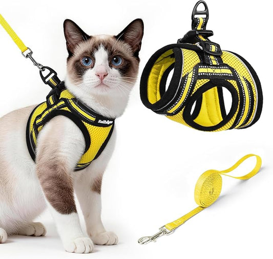 rabbitgoo Cat Harness and Leash, Step-in Escape Proof Kitten Harness Set, Soft Comfortable Cat Vest, Easy to Wear and Adjust, Reflective for Safe Outdoor Walking, Bright Yellow, Large
