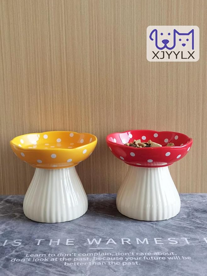 Mushroom Elevated Cat Bowls Ceramic 2 Pack, Raised Cat Bowl for Indoor Cats, Cute Cat Bowls Whisker Fatigue, Raised Dog Bowls Stand for Food and Water, Red+Yellow 6" Wide for Adult Cats