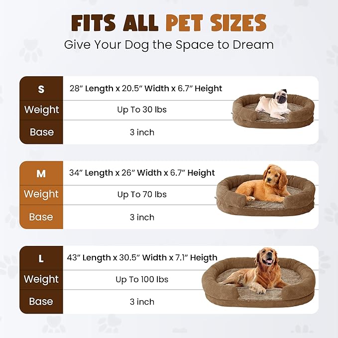Orthopedic Dog Bed for Large Dogs, X-Large, Memory Foam, Removable Washable Cover, Bolstered Sides, 43L x 31W x 7.1H inches, Designed for Senior Dogs, Coffee, Oval