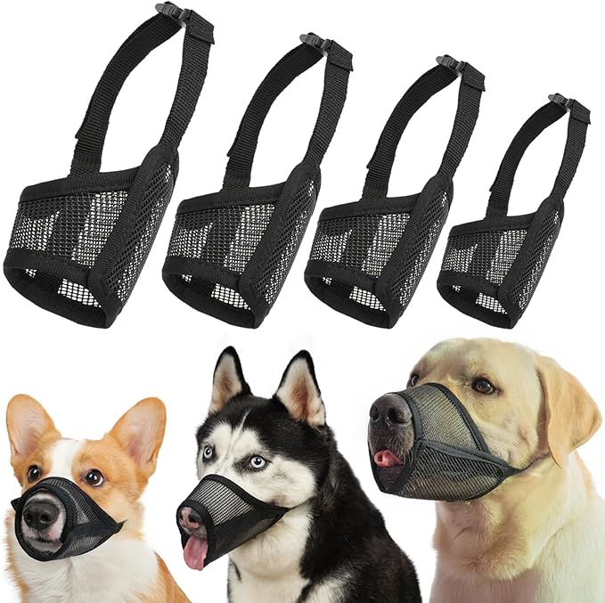 LUCKYPAW Dog Muzzle Suits for Small Medium Large Dogs, Mesh Muzzle Anti Biting Chewing, Breathable Mouth Cover Set with Adjustable Strap for Grooming Vet Visiting Training (Large 4 PCS(M-XXL), Black)