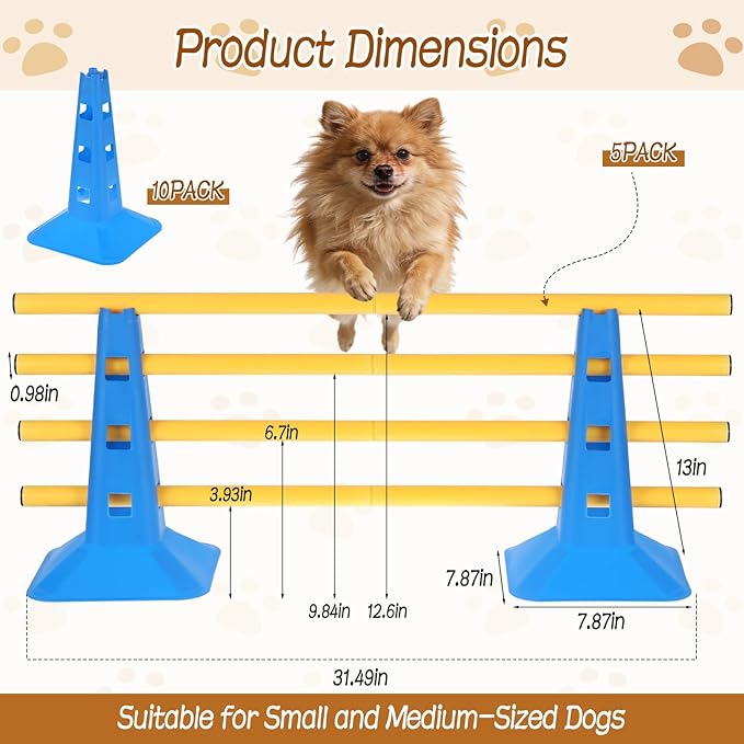 Dog Agility Hurdle Cone Set, Dog Agility Course Backyard Set with Height Adjustable Crossbar for Rehabilitation & Beginners, Dog Agility Equipment for Obstacle Courses,4 Height Levels (10 Pack