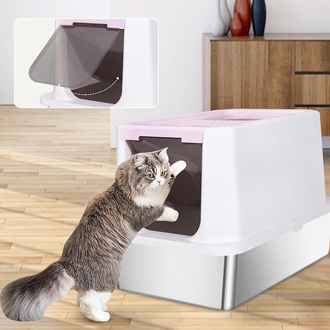 RIZZARI Extra Large Enclosed Cat Litter Box – Pink Stainless Steel Top Entry Litter Pan with Anti-Leak Design, Non-Stick Easy-Clean Surface & Odor Control for Indoor Spaces