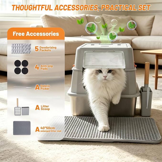 Stainless Steel Litter Box with Lid Cat Metal Litter Box Enclosure Covered Litter Box High Sided Extra Large Litter Boxes for Big Cats with Cat Litter Deodorizer Scoop Mat Grey