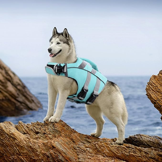 Kuoser Dog Life Jacket with Reflective Stripes, Dog Life Vest for Swimming Boating, Adjustable Pet Lifejackets with High Flotation, Doggie Swimsuit for Small Medium Large Dogs