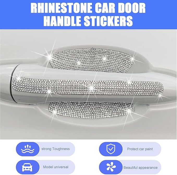 8 PCS Bling Car Door Handle Protector, Sparkling Rhinestone Door Handle Protective Sticker for Women, Scratch-resistant Waterproof Doors Bowl Decals, Universal for Car, SUV, Truck (Silver)