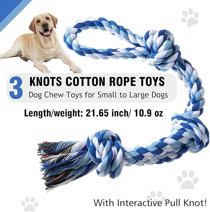 XIGOU Dog Rope Toys Indestructible Dog Toys, Dog Chew Toys for Aggressive Chewers, Tough Puppy Teething Chew Toys for Boredom, Dental Cleaning Tug of War Dog Toy, Great for Small to Large Breed, Blue