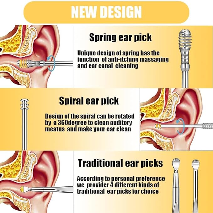 6 Pcs Ear Pick Earwax Removal Kit, Cleansing Tool Set, Curette Cleaner, 360degree Spiral Design Canal Cleaner Stainless Steel,with a Storage Box Portable Kit (Yellow), 11.7x2.8x2cm