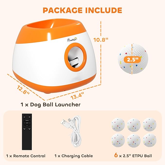 PawHut Automatic Dog Ball Launcher, Rechargeable Dog Ball Thrower with Remote Control, 3 Adjustable Distance (40ft/60ft/80ft), 6 ETPU Tennis Fetch Toys 2.5", Low Noise, for Medium Large Breeds, Orange
