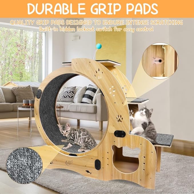 Upgraded Cat Exercise Wheel, Large Cat Treadmill with House, Wet Dry Bowl, Pedal Shelf, Hairball Toy, Cats Running Wheels for Indoor Cats (Wood)