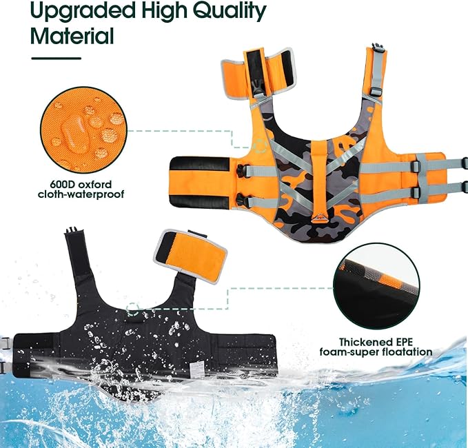 Kuoser Dog Life Jacket with Reflective Stripes, Dog Life Vest for Swimming Boating, Adjustable Pet Lifejackets with High Flotation, Doggie Swimsuit for Small Medium Large Dogs