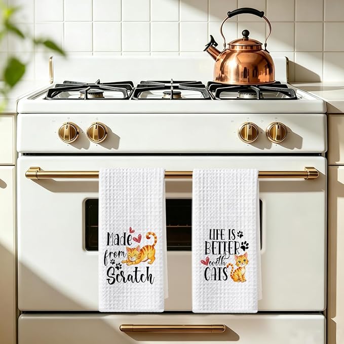 Hanamiya Na 2Pcs Cute Cat Kitchen Towels 24x14 Inch, Make from Scratch, Absorbent Microfiber Dish Cloth Tea Towel, Waffle Hand Towels for Kitchen Home Bathroom, Cat Lover Gifts