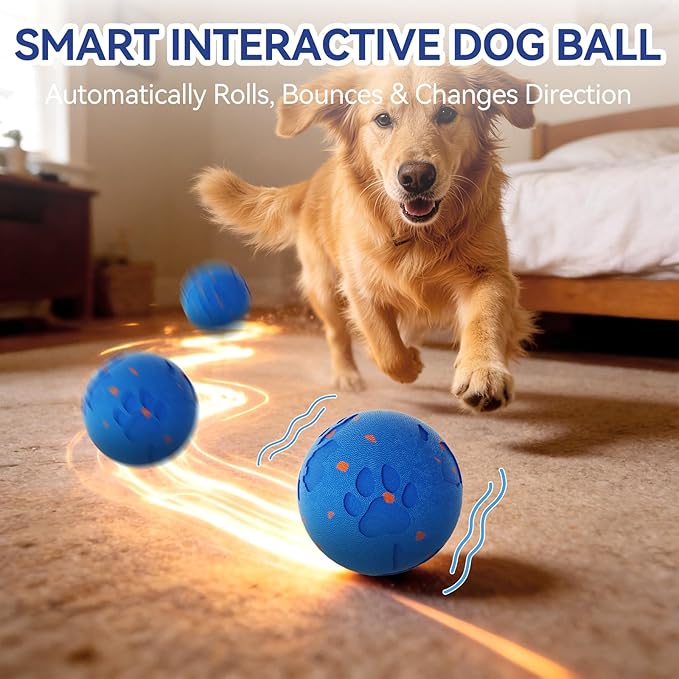 Smart Interactive Dog Toy Ball, Automatic Moving Rolling & Bouncing, Motion Activated E-TPU Dog Ball, Waterproof Chew Resistant for Medium & Large Dogs (Blue)