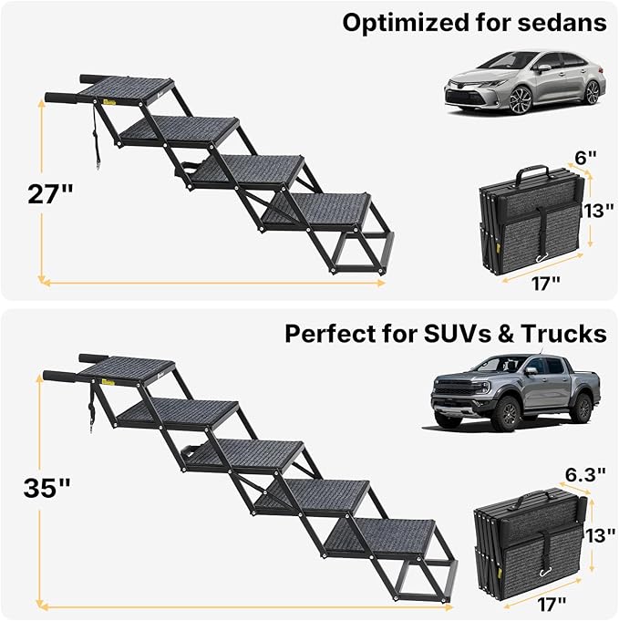 Veehoo Foldable Dog Steps for Car Truck, 5 Steps Collapsible Dog Stairs for Car Large Dogs 17" Wide, Heavy Duty Outdoor Pet Ramp Ladder Portable with Non Slip Surface for Dogs, Support up to 200 lbs