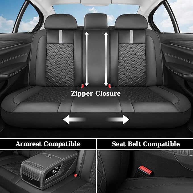 Coverado Car Seat Covers Full Set, Front Seats Back Seat Cover, Leather Seat Covers Non-Slip Seat Protectors Universal Fit for Most Cars (Black-White)