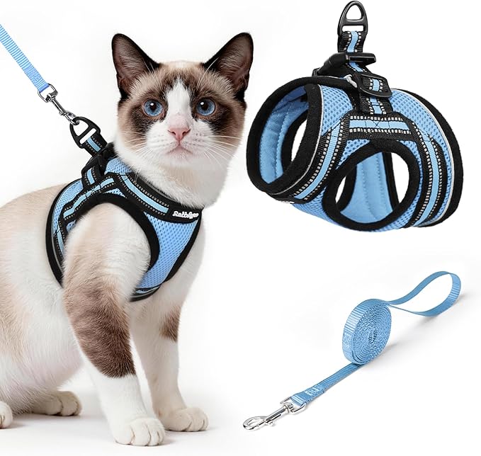 rabbitgoo Cat Harness and Leash, Step-in Escape Proof Kitten Harness Set, Soft Comfortable Cat Vest, Easy to Wear and Adjust, Reflective for Safe Outdoor Walking, Light Blue, Large