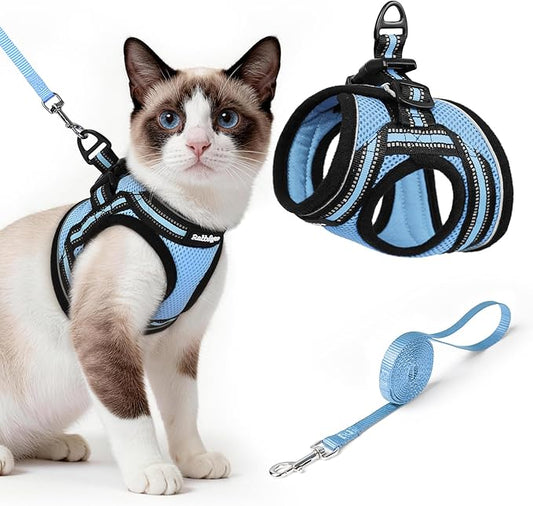 rabbitgoo Cat Harness and Leash, Step-in Escape Proof Kitten Harness Set, Soft Comfortable Cat Vest, Easy to Wear and Adjust, Reflective for Safe Outdoor Walking, Light Blue, Large