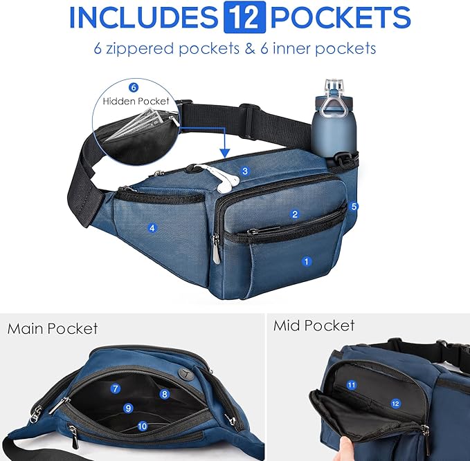 NOOLA Fanny Pack Waist Bag for Men Women, Lightweight Waist Pack with Water Bottle Holder, Adjustable Belt Bag with Multi-Pockets for Hiking, Dog Walking, Outdoor, Cycling, Running, Travel, Blue