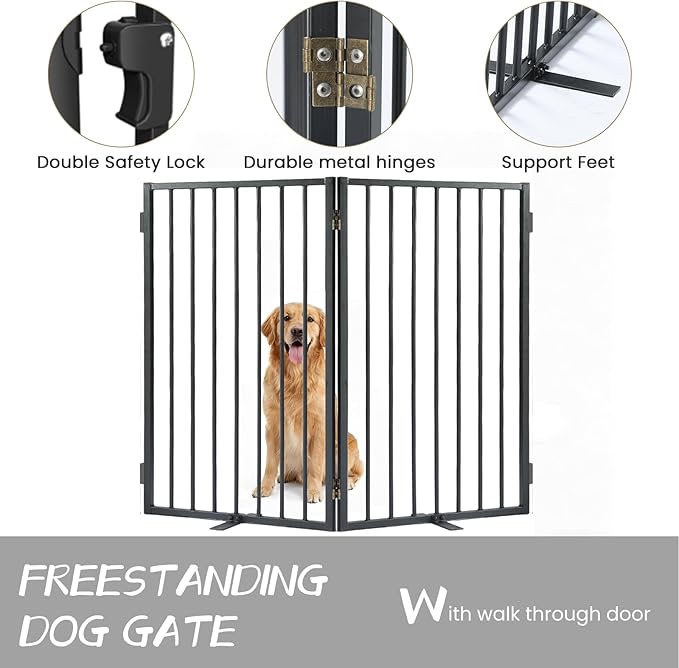 Full Metal Freestanding Dog Gate with Cat Door for Outdoor & Indoor,34" Tall Foldable Pet Fence,40" Extra Wide Free Standing Dog Gate for RV Camping,Stairs,Hallways,Doorways,Deck,Yard (2 Panels,Black)
