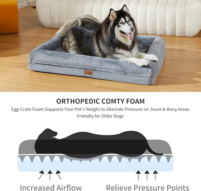 Extra Large Dog Bed for Large Size Dogs, Waterproof Orthopedic Dog Bed with 4-Sides Removable Bolster, Non-Slip Bottom XLarge Pet Couch with Washable Cover, Dark Grey