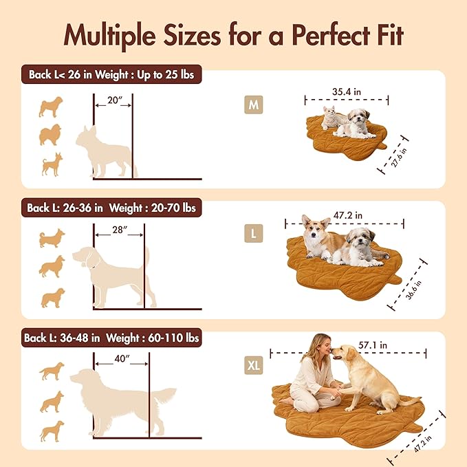Vagascape Dog Bed, Waterproof Pet Bed with Washable Removable Cover, Comfort Cat Dog Pad for All Seasons, Heating Yellow Maple-Leaf Shape Cat Mat with Nonskid Bottom(35"x27")