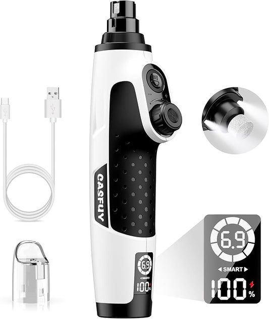Casfuy Smart 6-Speed Dog Nail Grinder - 50% More Power Pet Nail Grinder with 2 LED Lights Quiet Rechargeable Electric Dog Nail Trimmers File Toenail Grinder for Large Medium Small Dogs & Cats (White)