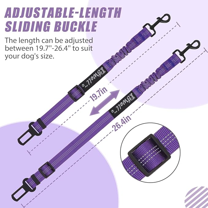 IBWell Dog Seat Belt,3 Piece Set Retractable Dog Car Harness Adjustable Dog Seat Belt for Vehicle Nylon Pet Safety Seat Belts Heavy Duty & Elastic (Black & Purple)