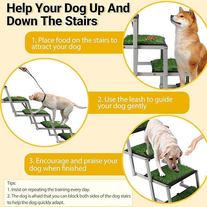 Dog Stairs for Car, Portable Folding Dog Ramps,Dog Steps for Large Dogs with Non-Slip Grass Rug for Cars, SUV, Trucks, Lightweight Pet Ramp Supports Up to 200 lb, 6 Steps