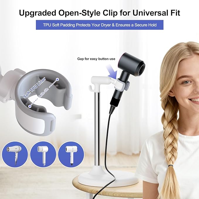 Hair Dryer Stand with 360 Rotating Head, Hands Free, Large Hook,Heavy Duty Base, Adjustable Height, TPU Padded Clip, Aluminum Alloy Holder for Home or Salon (White)