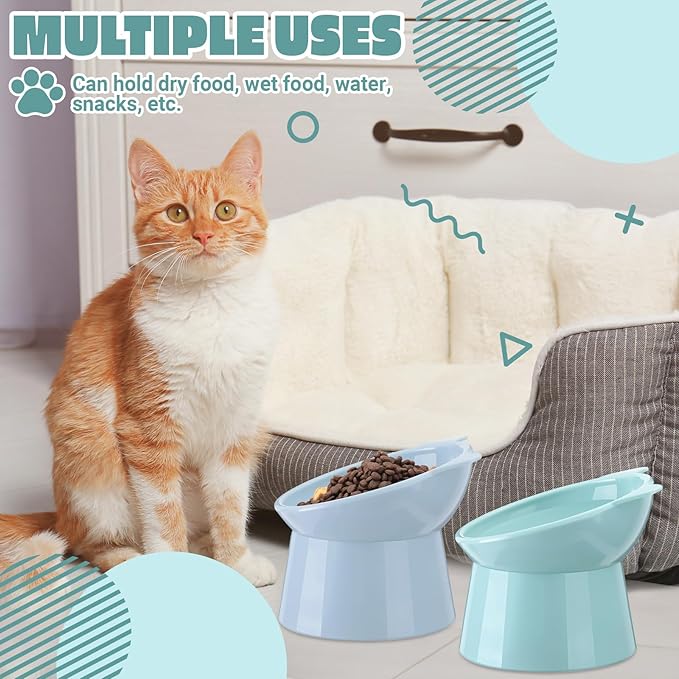 Zhehao 2 Pcs Elevated Cat Bowl Set, Tilted 15° Plastic Raised Food and Water Bowls Anti Vomit Pet Feeding Dishes for Indoor Cats/Small Dogs(Cat Ears,Light Green, Blue)